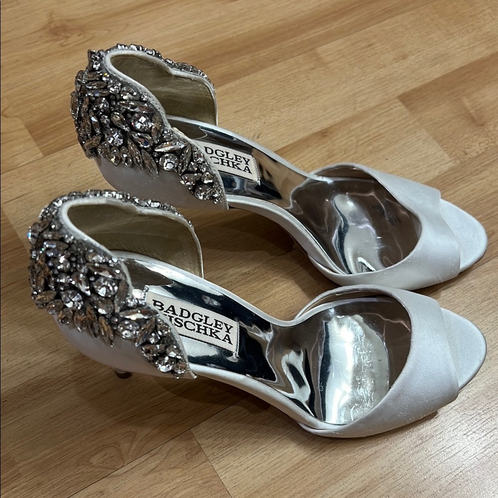 Badgley Mischka White and Silver Crystal Heels